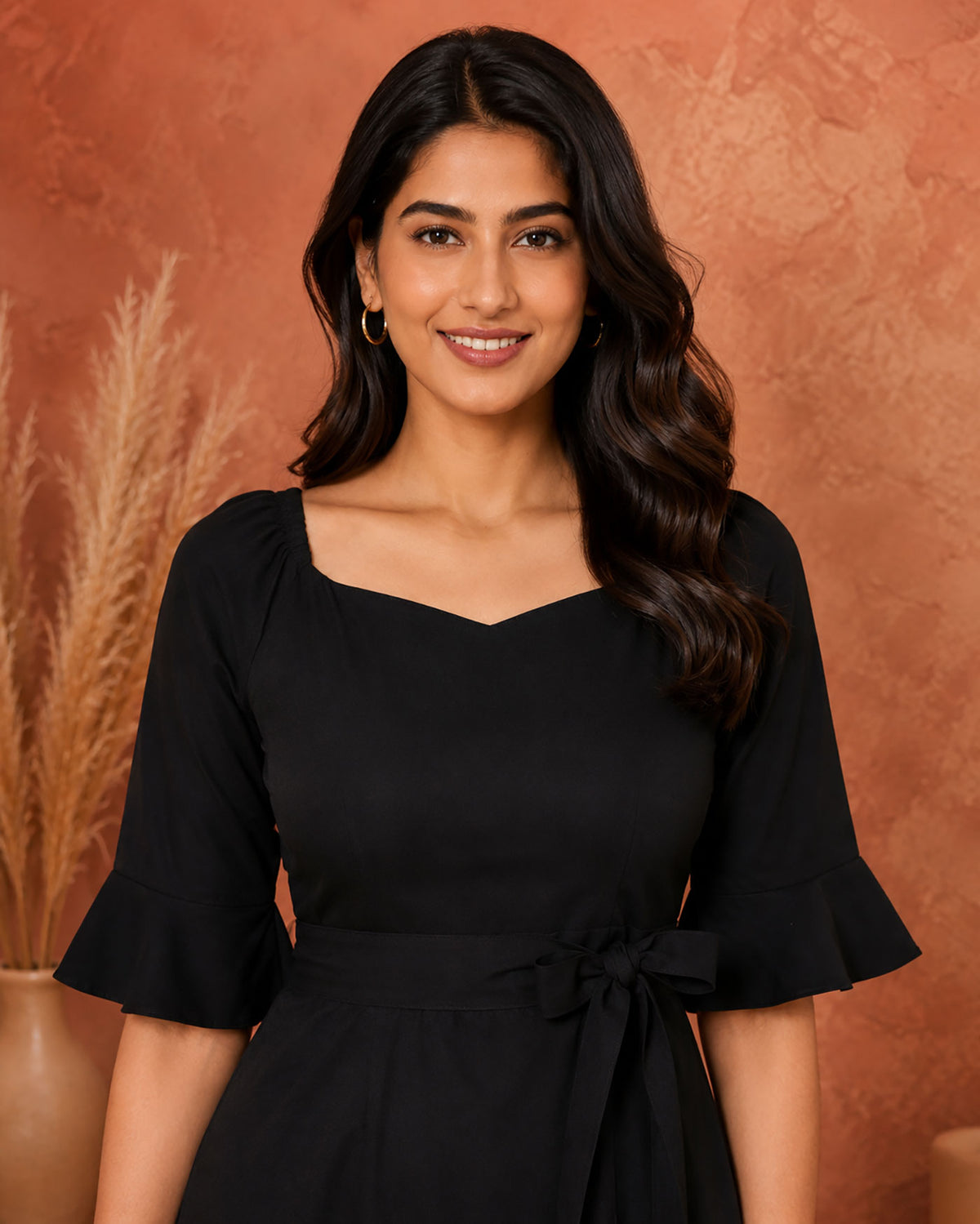 Black Fit & Flare Mini Dress with Square Neck & Belt