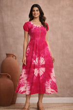 Fuchsia Pink Tie-Dye Midi Dress for Women | Puff Sleeve A-Line Dress