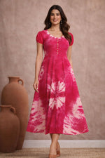 Fuchsia Pink Tie-Dye Midi Dress for Women | Puff Sleeve A-Line Dress