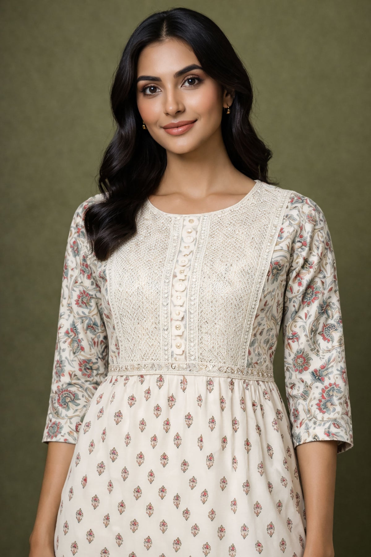 Ivory Block Print Tiered Midi Dress for Women | Cotton Ethnic Dress