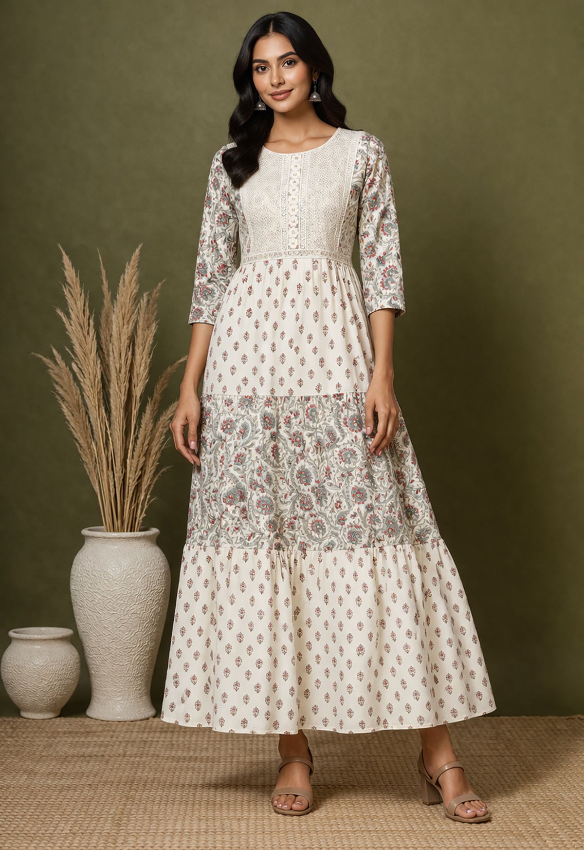 Ivory Block Print Tiered Midi Dress for Women | Cotton Ethnic Dress