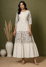 Ivory Block Print Tiered Midi Dress for Women | Cotton Ethnic Dress