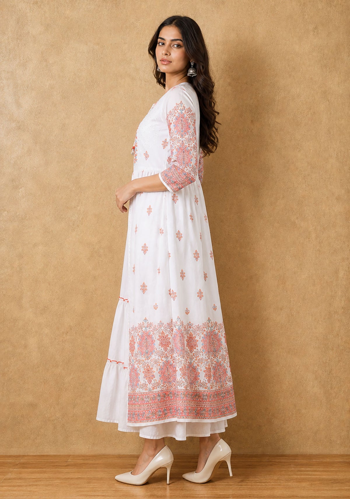 White Orange Printed Anarkali Kurta Set for Women | Festive Ethnic Wear