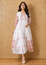 White Orange Printed Anarkali Kurta Set for Women | Festive Ethnic Wear
