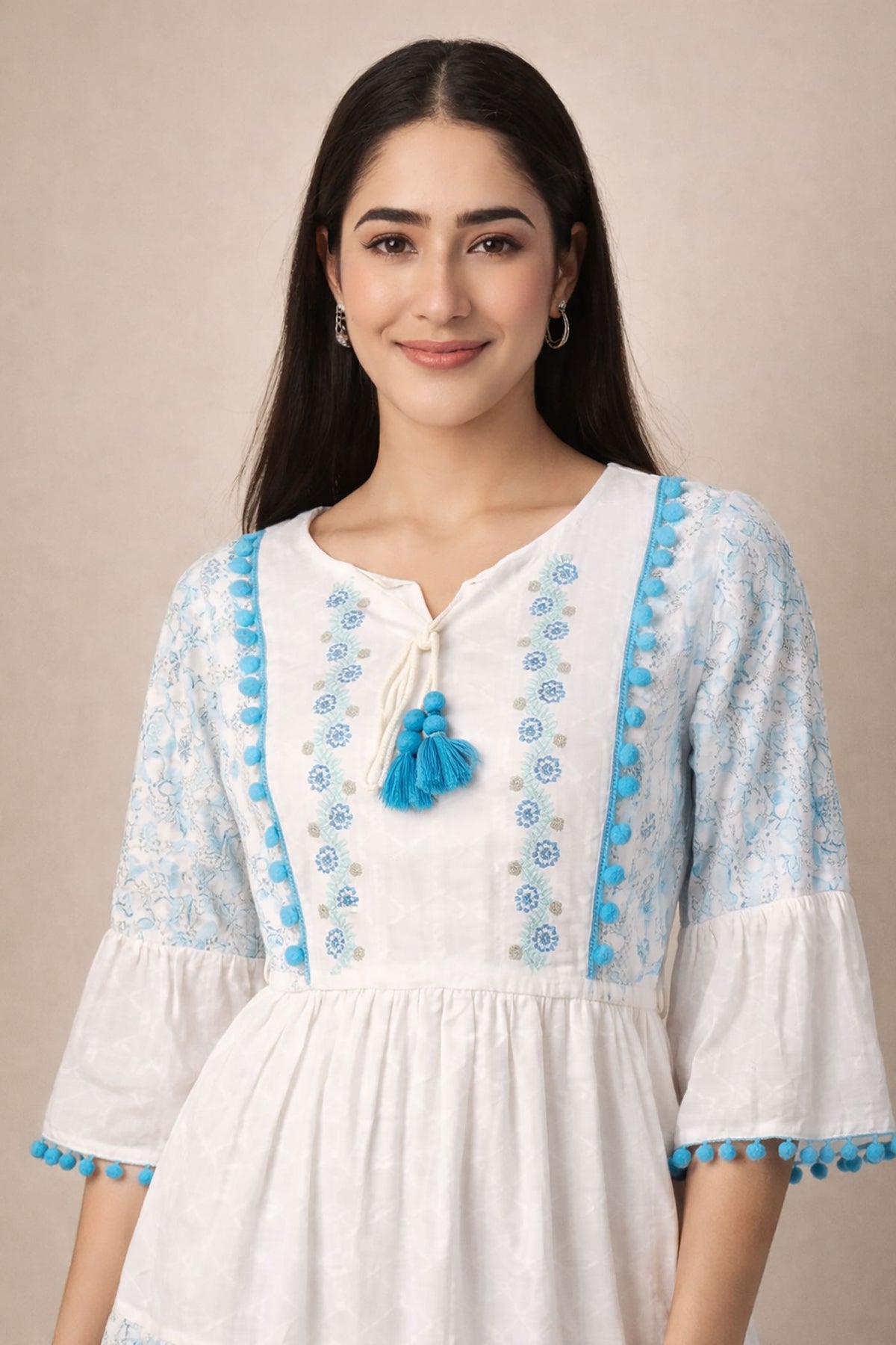 White & Blue Embroidered Boho Short Dress for Women | Summer Cotton Dress