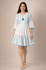 White & Blue Embroidered Boho Short Dress for Women | Summer Cotton Dress