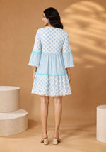 Blue Printed Cotton Mini Dress for Women with Bell Sleeves