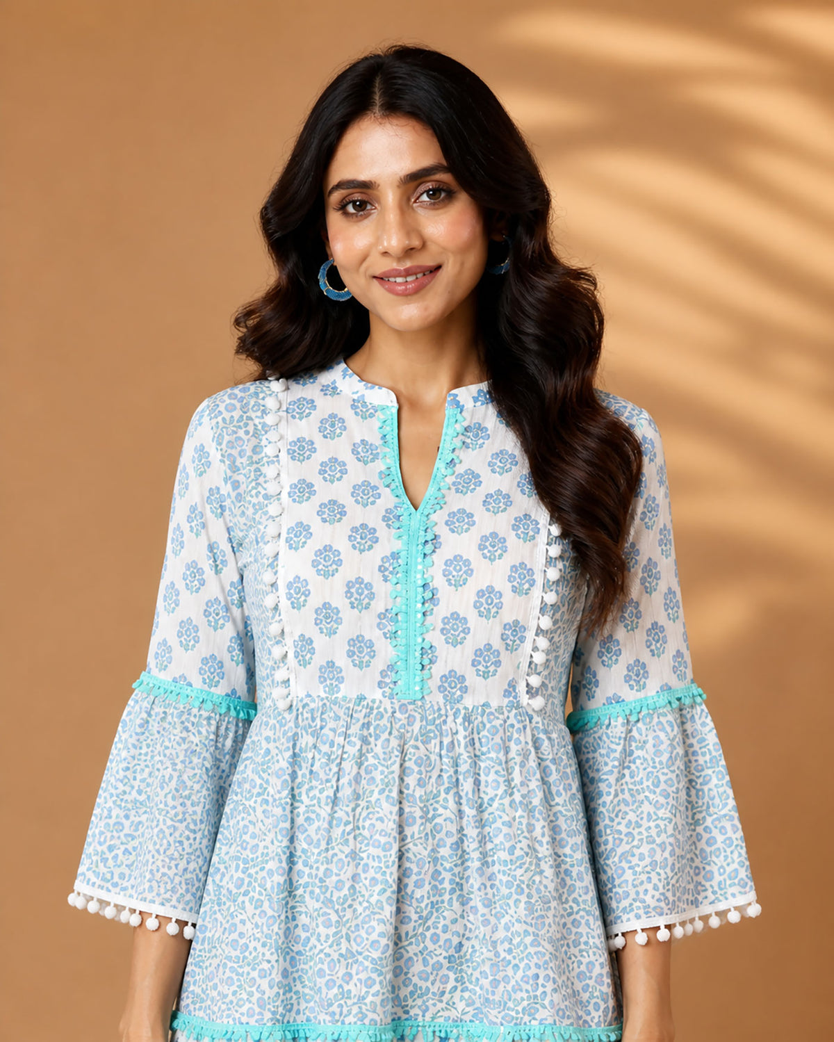 Blue Printed Cotton Mini Dress for Women with Bell Sleeves
