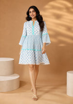 Blue Printed Cotton Mini Dress for Women with Bell Sleeves