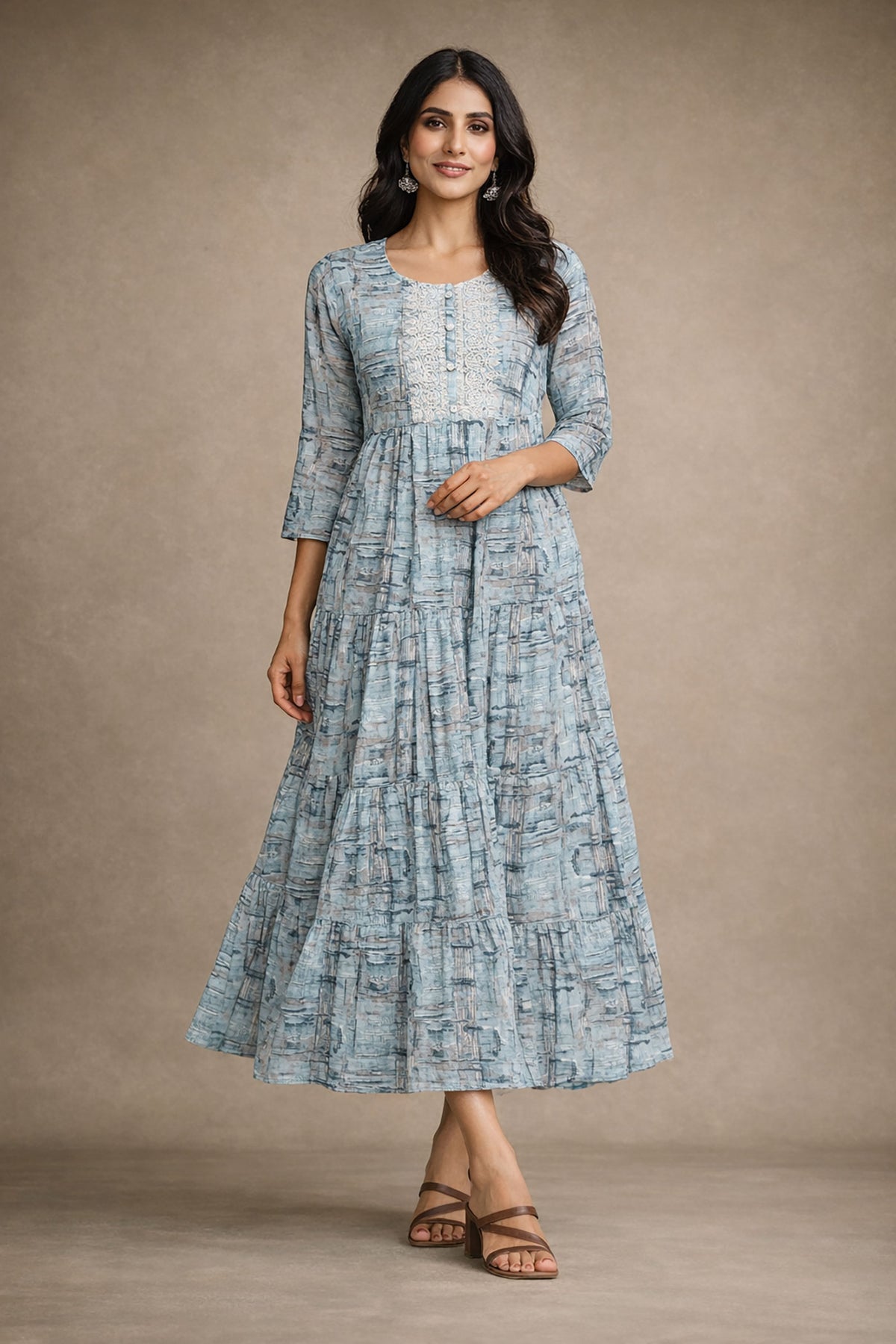 Sky Blue Printed Kurta Dress for Women | A-Line Midi Dress