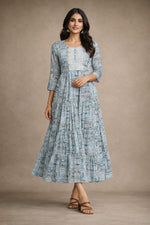 Sky Blue Printed Kurta Dress for Women | A-Line Midi Dress