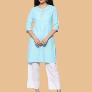 Adwita Blue Kurta Pant Cotton Chikan Work