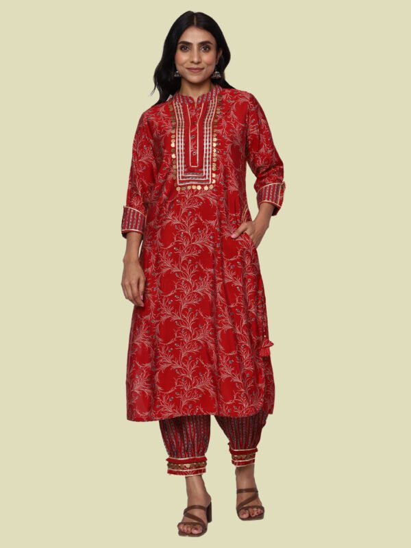 Nithya Red Kurta Pant Modal Muslin - Image 1