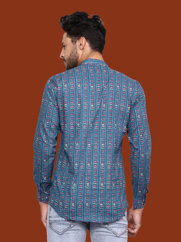 Blue Patterned Mandarin Collar Men's Shirt - backpose - sn324 by Crazysparkles
