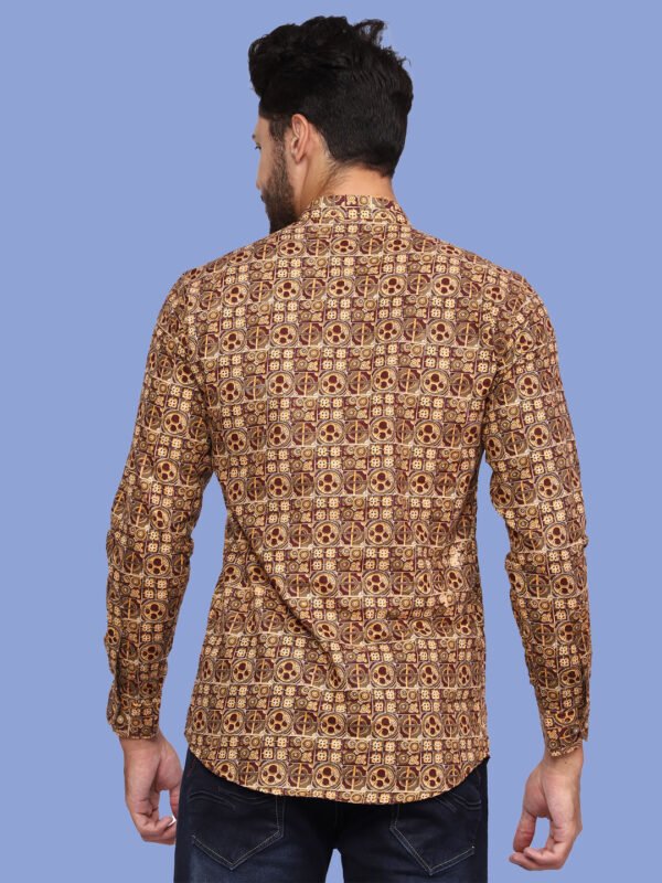 Brown Ethnic Print Mandarin Collar Men's Shirt - back - sn321 by Crazysparkles