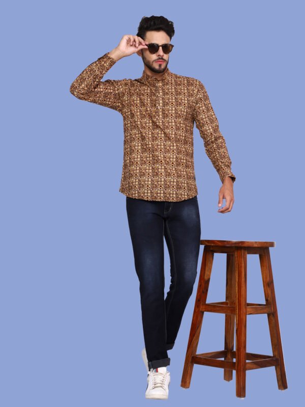 Brown Ethnic Print Mandarin Collar Men's Shirt - front - sn321 by Crazysparkles