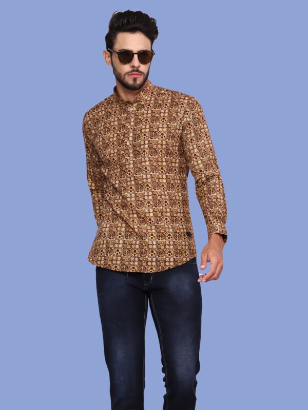 Brown Ethnic Print Mandarin Collar Men's Shirt - front1 - sn321 by Crazysparkles