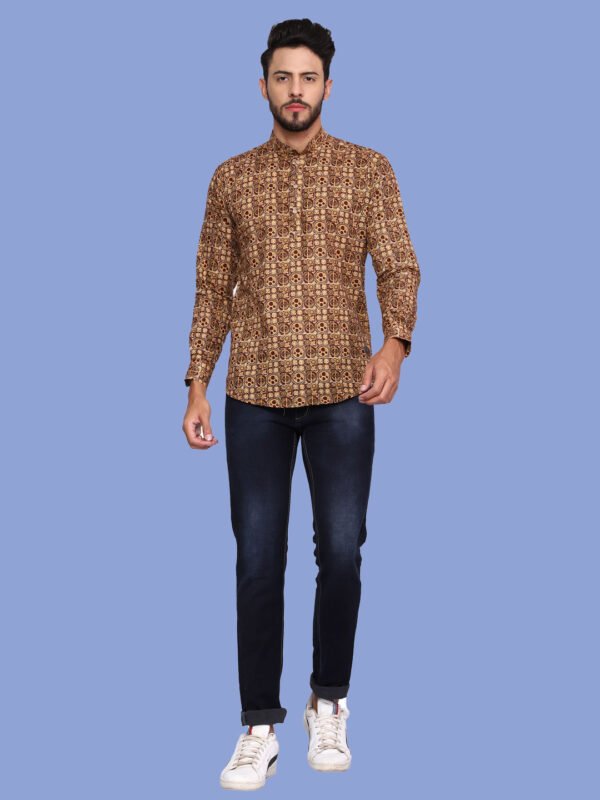 Brown Ethnic Print Mandarin Collar Men's Shirt - frontful - sn321 by Crazysparkles