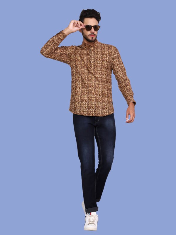 Brown Ethnic Print Mandarin Collar Men's Shirt - frontpos - sn321 by Crazysparkles