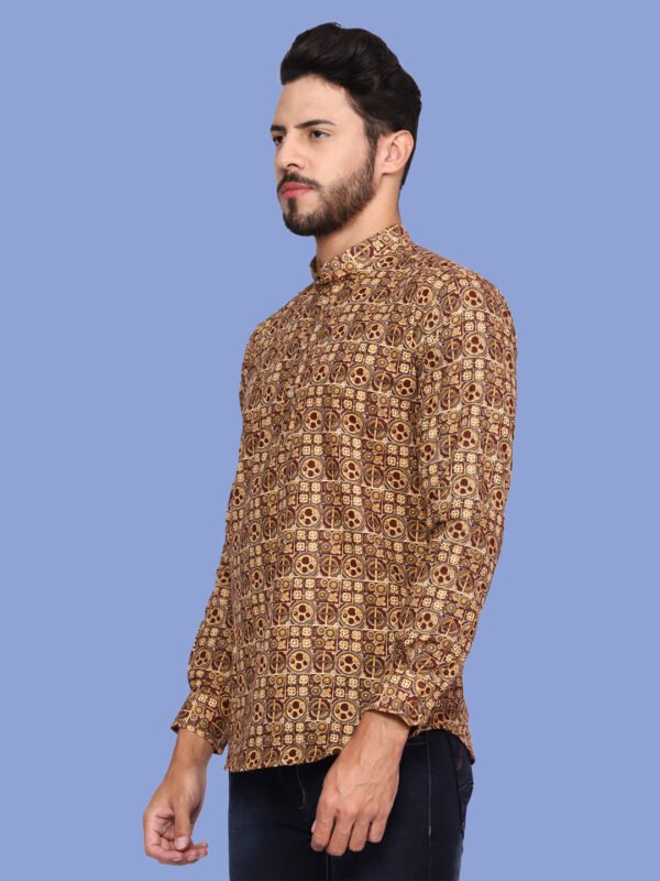 Brown Ethnic Print Mandarin Collar Men's Shirt - left1 - sn321 by Crazysparkles