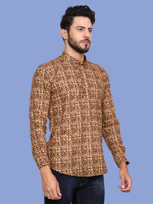 Brown Ethnic Print Mandarin Collar Men's Shirt - right - sn321 by Crazysparkles